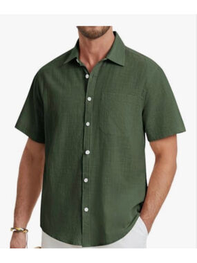 NEW Green Men's Linen Short Sleeve Linen Pocket Shirt XL